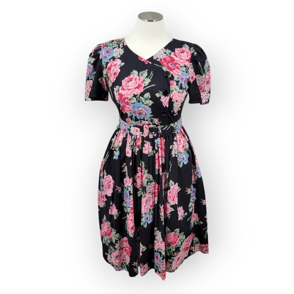 Vintage Black Floral Dress Pink and Blue Rose Garden Tea Dress Fit and Flare